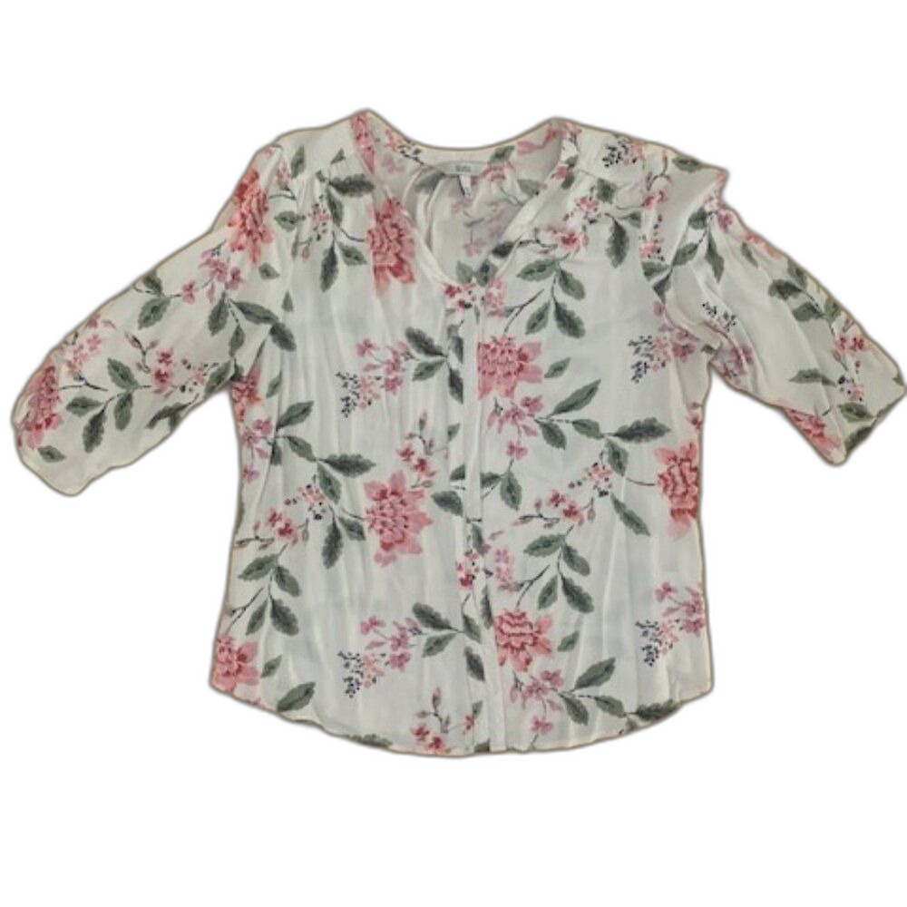 🌸 Floral‎ Croft & Barrow White, pink, & green 3/4 sleeve Blouse – PXL 🌸